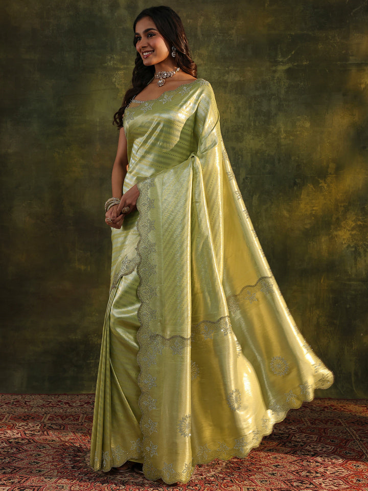 Libas Art Green Floral Embellished Silk Blend Saree With Unstitched Blouse Piece