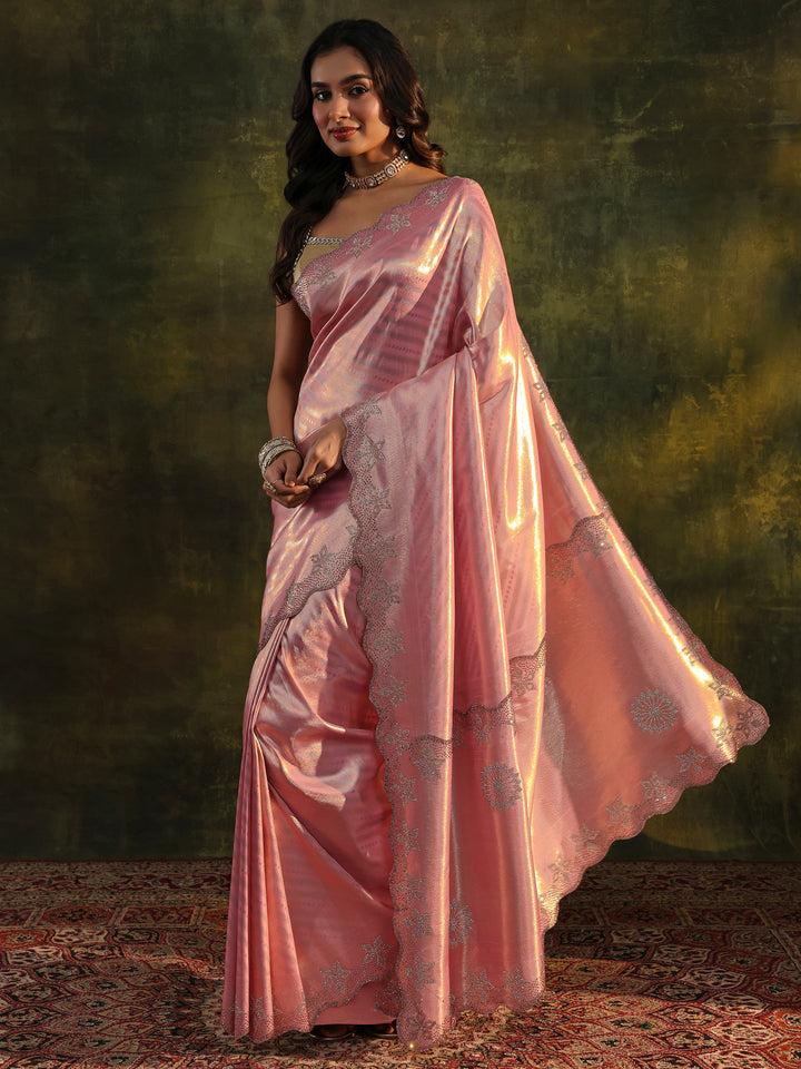 Libas Art Peach Floral Embellished Silk Blend Saree With Unstitched Blouse Piece