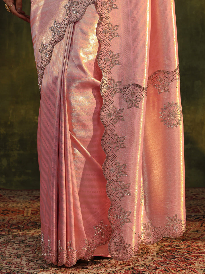 Libas Art Peach Floral Embellished Silk Blend Saree With Unstitched Blouse Piece
