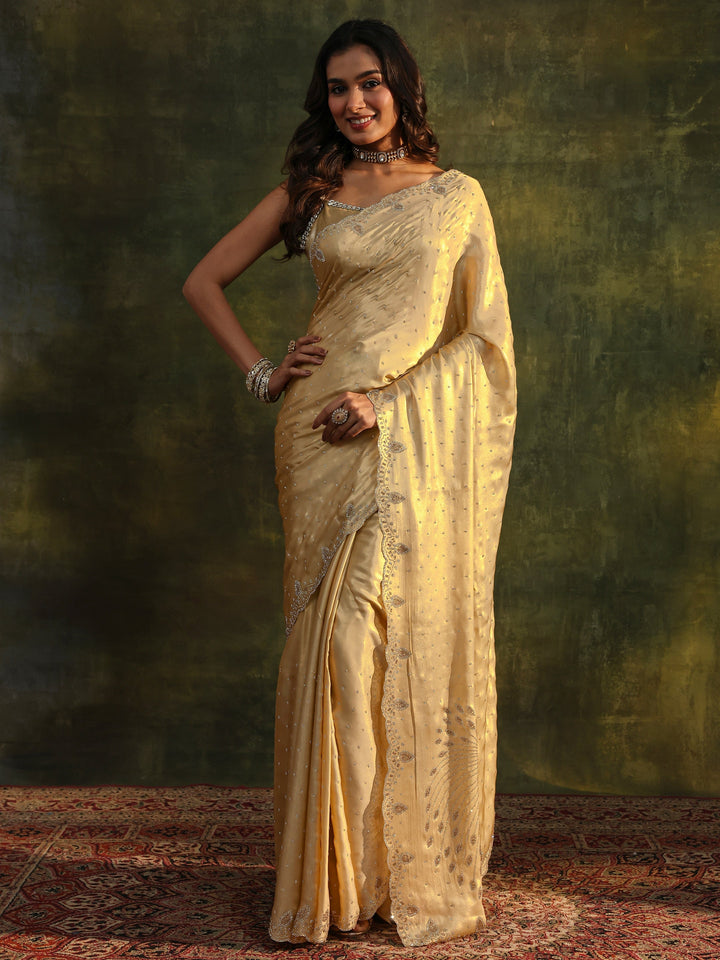 Libas Art Gold Embellished Silk Blend Saree With Unstitched Blouse Piece