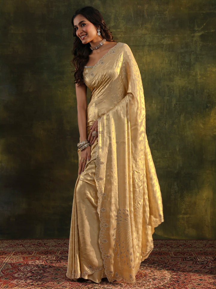 Libas Art Gold Embellished Silk Blend Saree With Unstitched Blouse Piece