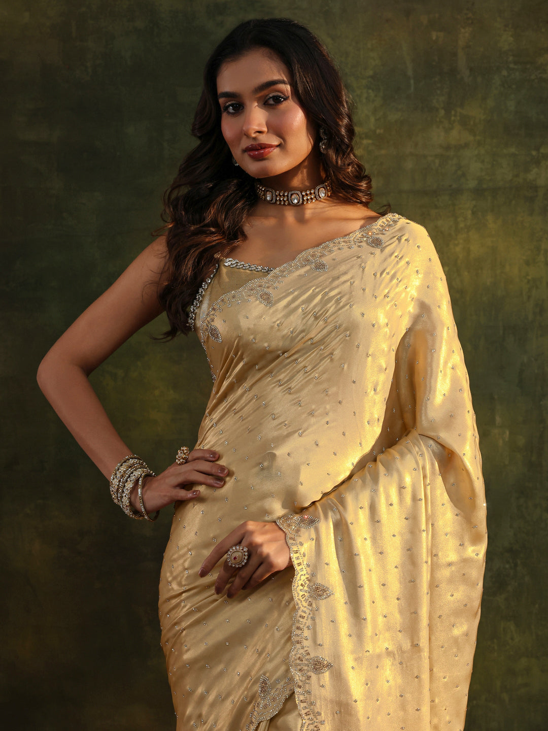 Libas Art Gold Embellished Silk Blend Saree With Unstitched Blouse Piece