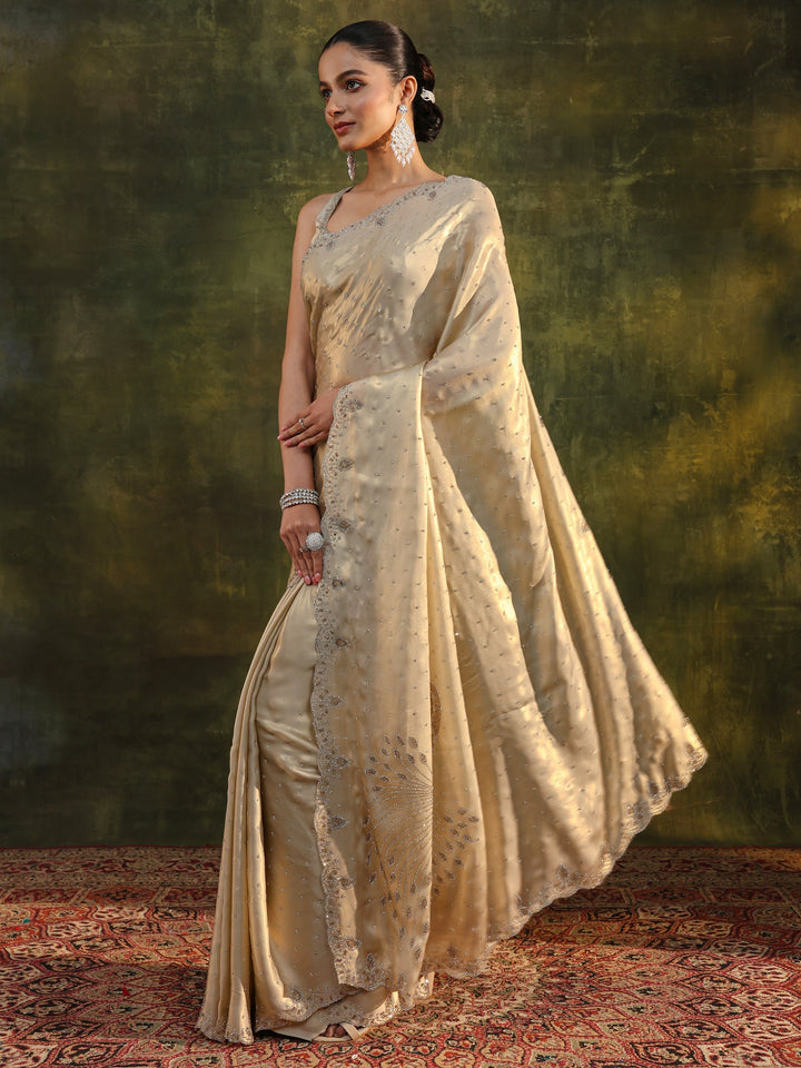 Libas Art Ivory Embellished Silk Blend Saree With Unstitched Blouse Piece