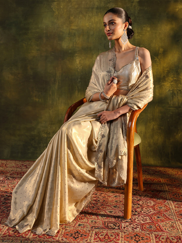 Libas Art Ivory Embellished Silk Blend Saree With Unstitched Blouse Piece