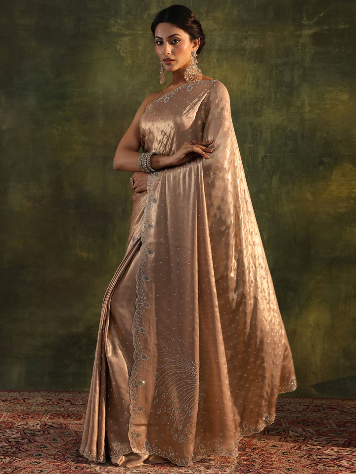 Libas Art Beige Embellished Silk Blend Saree With Unstitched Blouse Piece