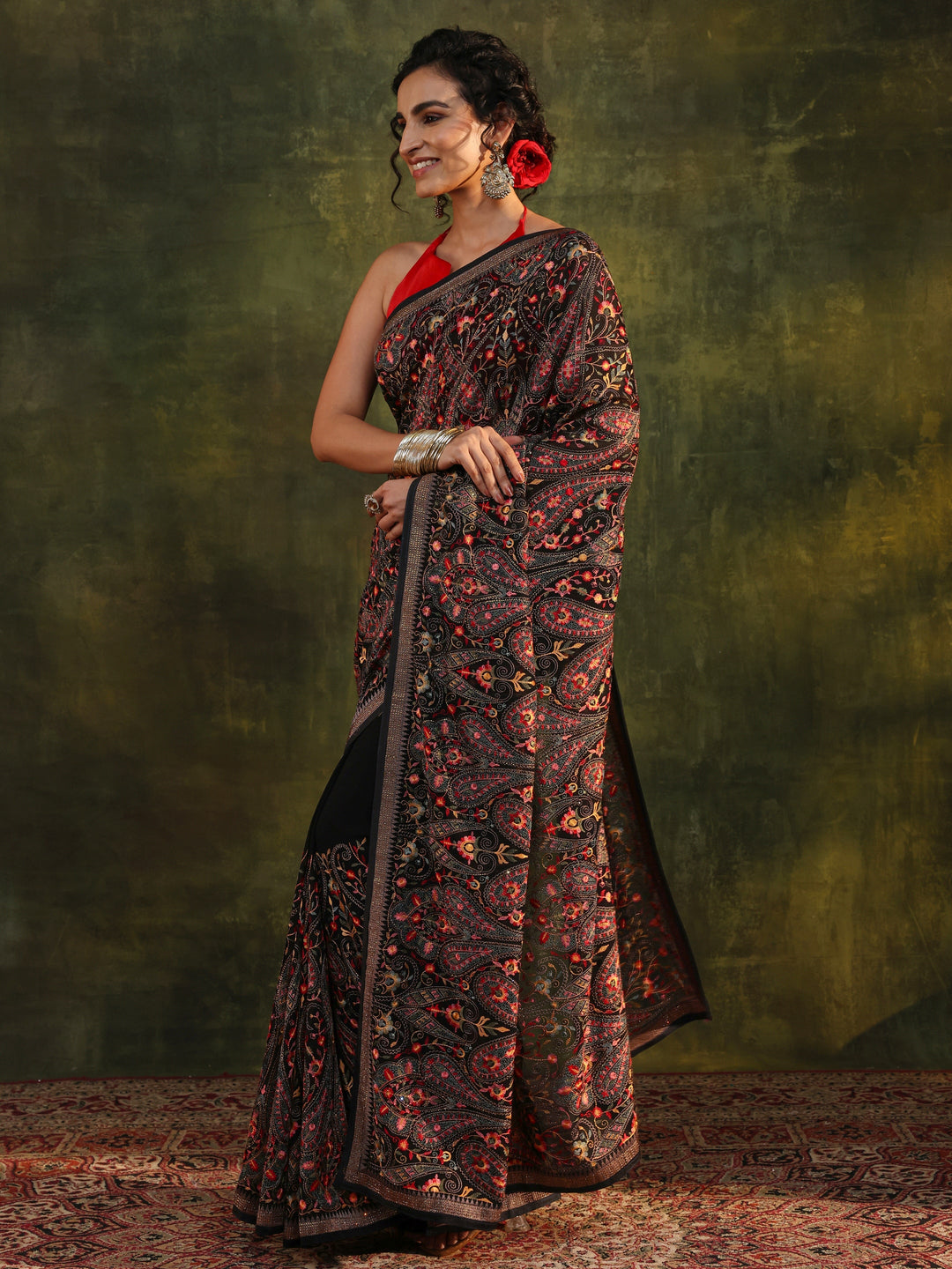 Libas Art Black Jamawar Embroidered Georgette Saree With Unstitched Blouse Piece