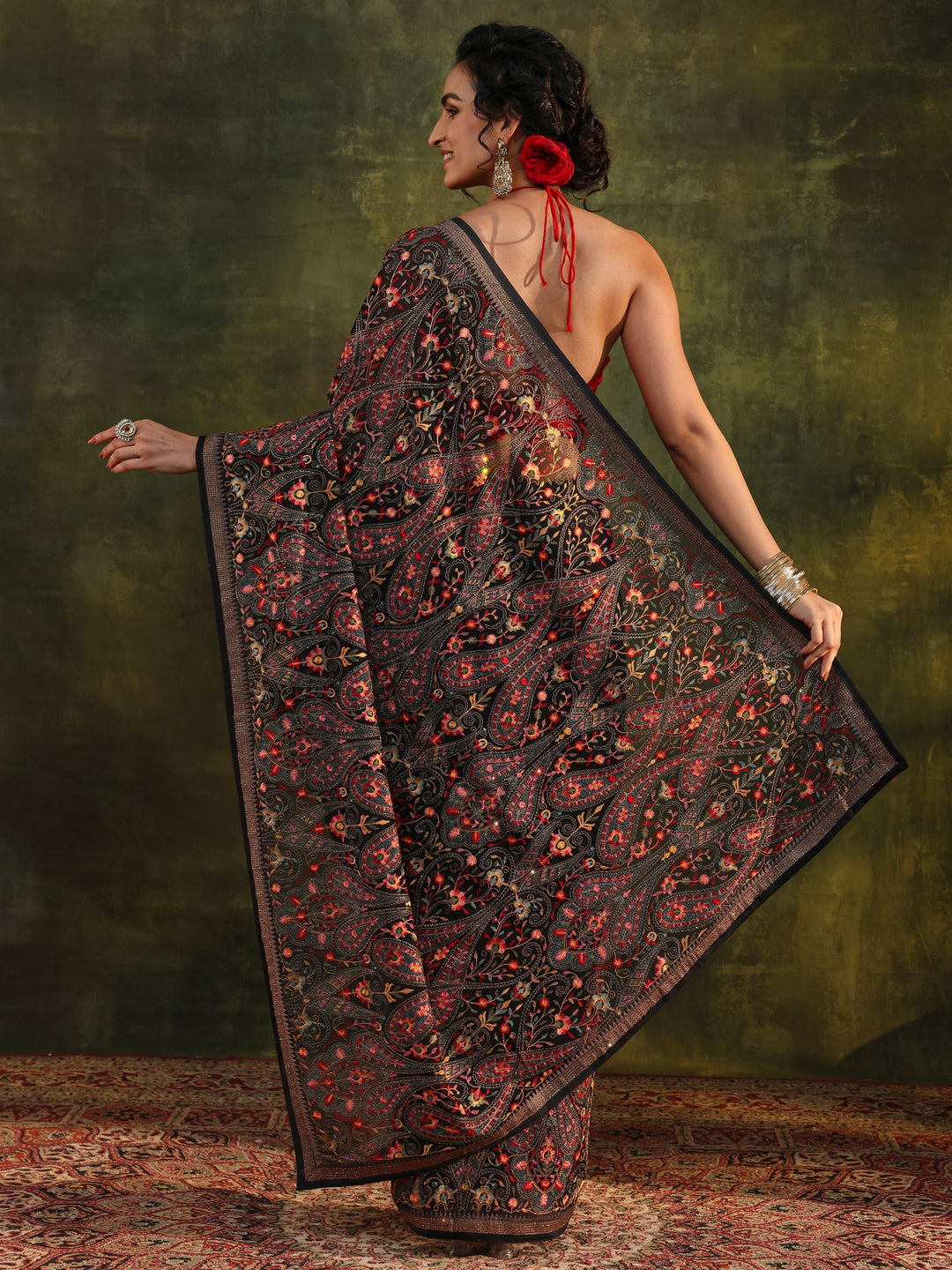 Libas Art Black Jamawar Embroidered Georgette Saree With Unstitched Blouse Piece