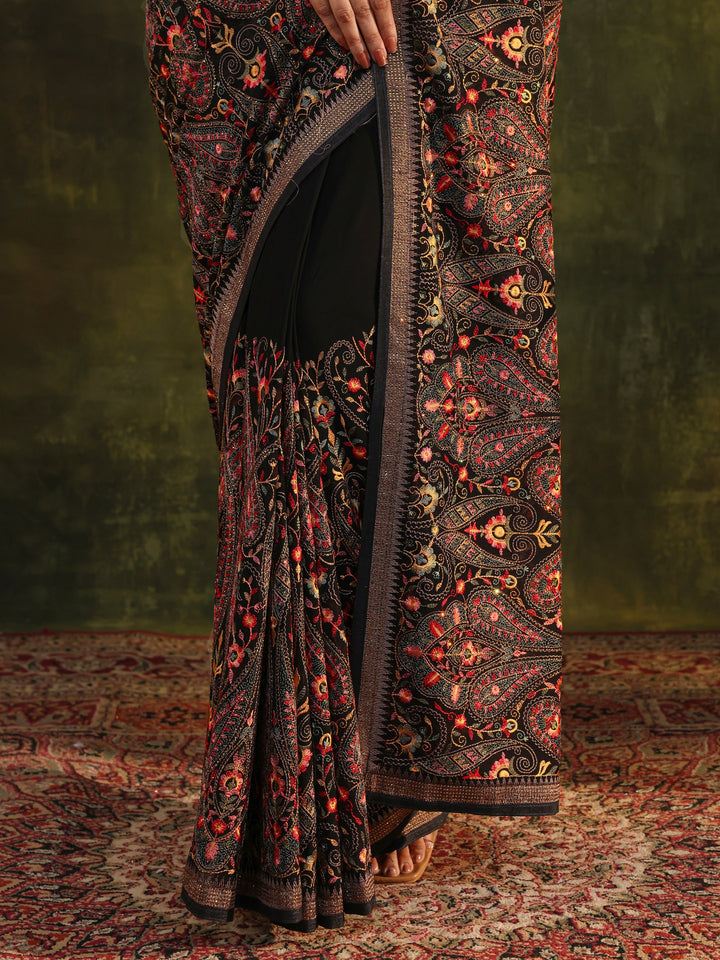 Libas Art Black Jamawar Embroidered Georgette Saree With Unstitched Blouse Piece