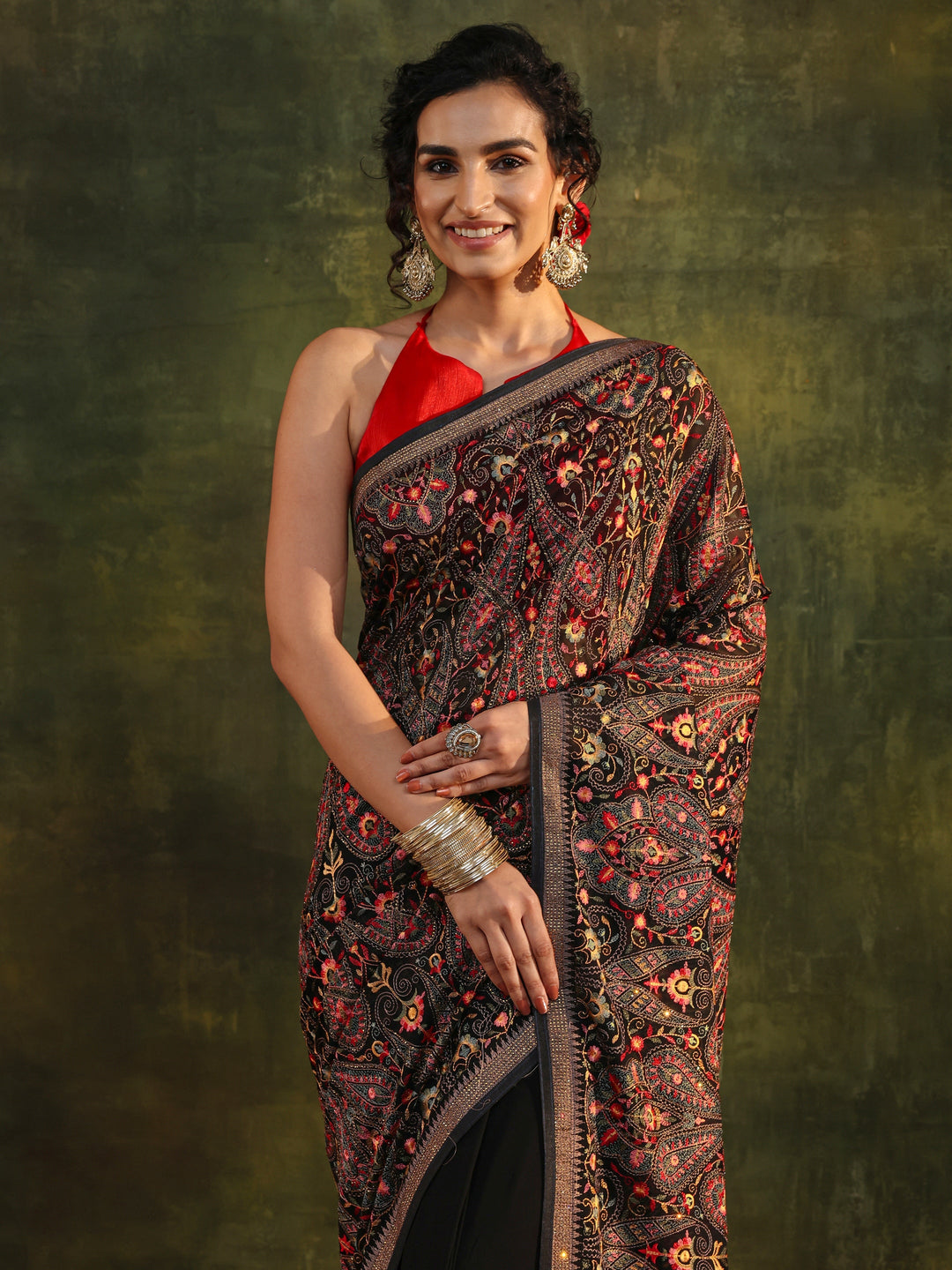 Libas Art Black Jamawar Embroidered Georgette Saree With Unstitched Blouse Piece