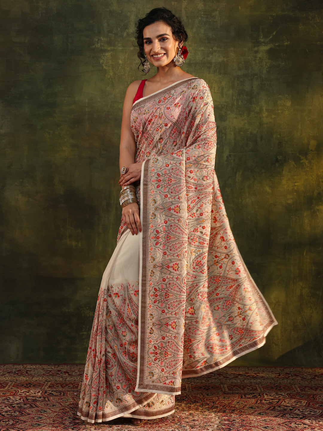 Libas Art Off White Jamawar Embroidered Georgette Saree With Unstitched Blouse Piece
