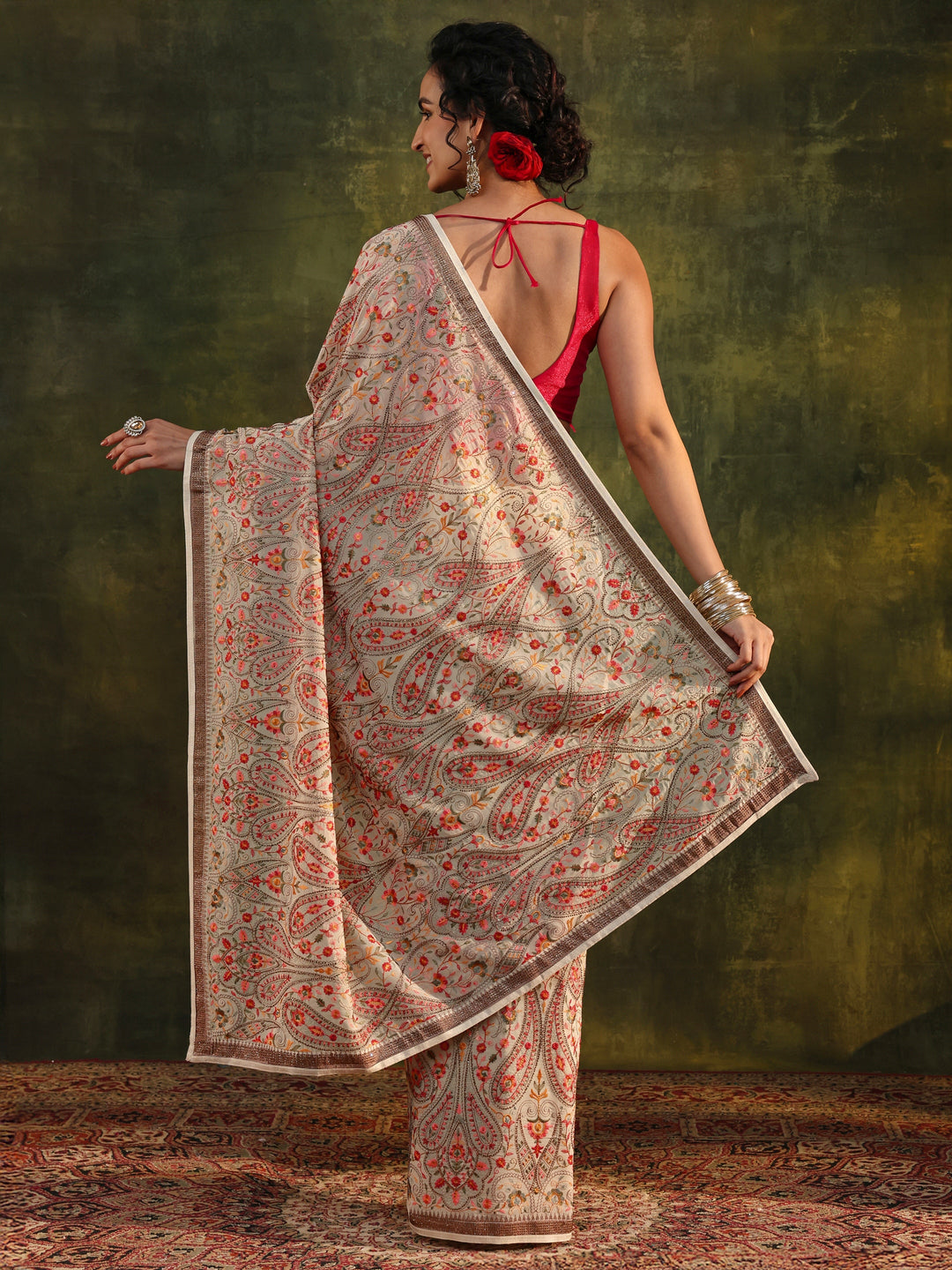Libas Art Off White Jamawar Embroidered Georgette Saree With Unstitched Blouse Piece