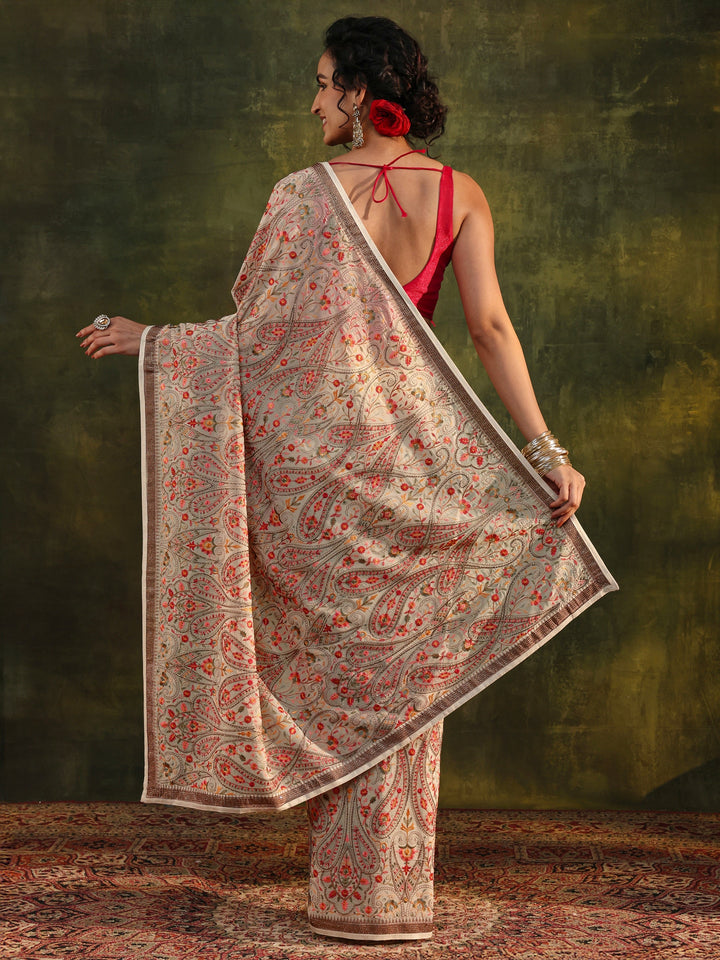 Libas Art Off White Jamawar Embroidered Georgette Saree With Unstitched Blouse Piece