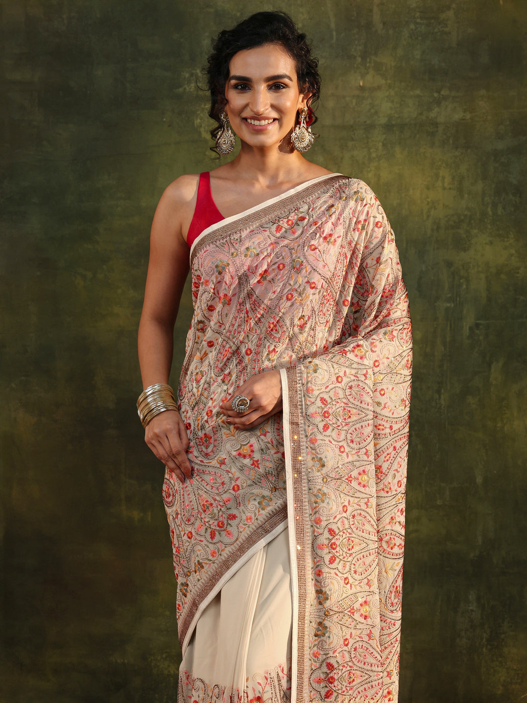 Libas Art Off White Jamawar Embroidered Georgette Saree With Unstitched Blouse Piece