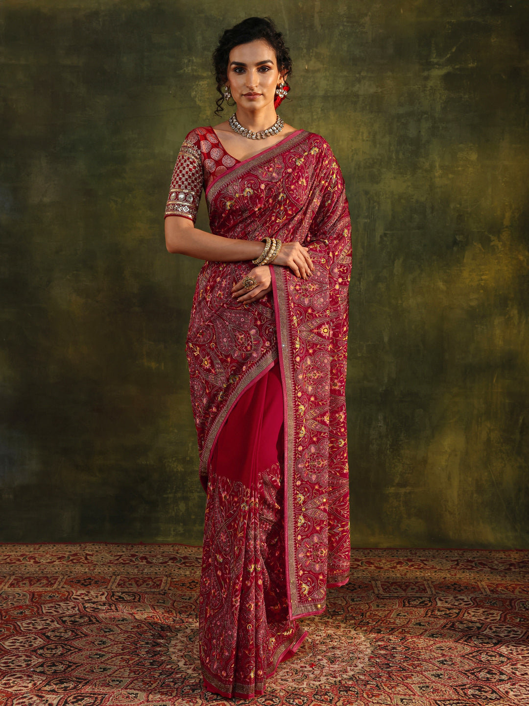 Libas Art Red Jamawar Embroidered Georgette Saree With Unstitched Blouse Piece