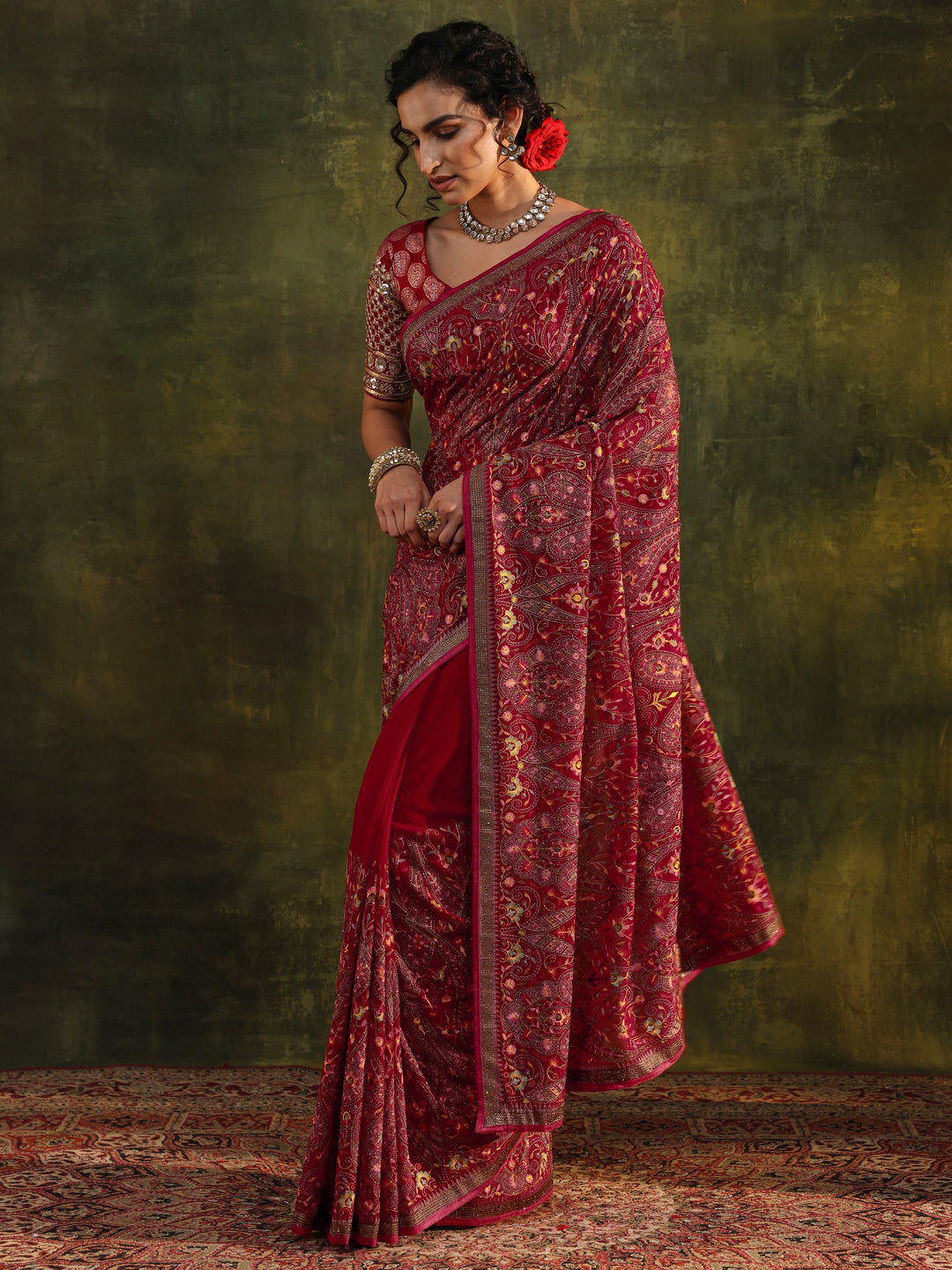 Libas Art Red Jamawar Embroidered Georgette Saree With Unstitched Blouse Piece