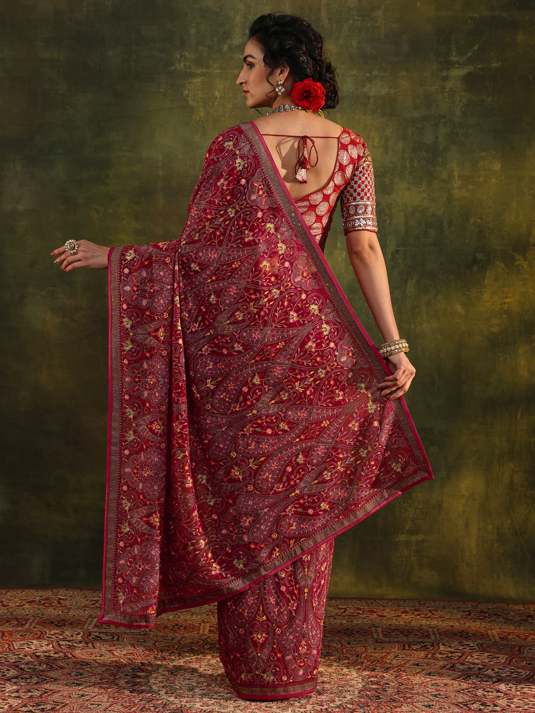 Libas Art Red Jamawar Embroidered Georgette Saree With Unstitched Blouse Piece