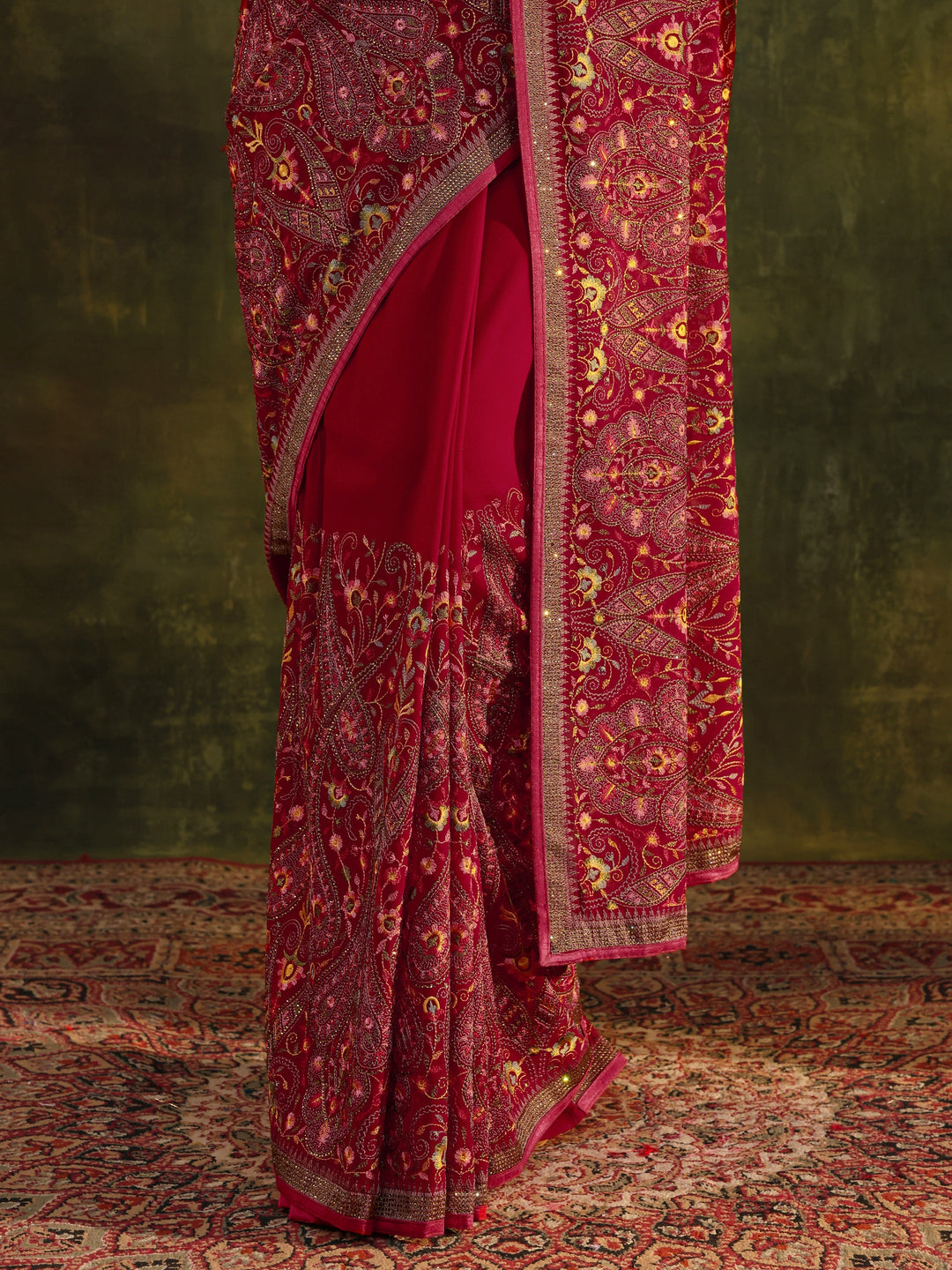 Libas Art Red Jamawar Embroidered Georgette Saree With Unstitched Blouse Piece