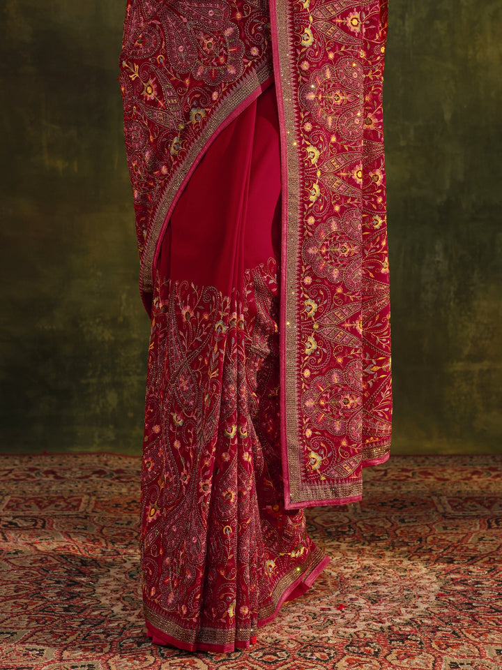 Libas Art Red Jamawar Embroidered Georgette Saree With Unstitched Blouse Piece