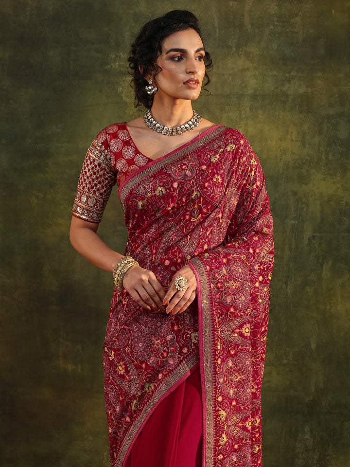 Libas Art Red Jamawar Embroidered Georgette Saree With Unstitched Blouse Piece