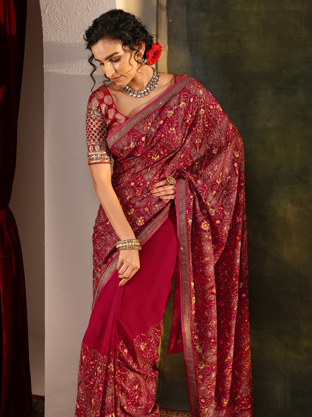 Libas Art Red Jamawar Embroidered Georgette Saree With Unstitched Blouse Piece