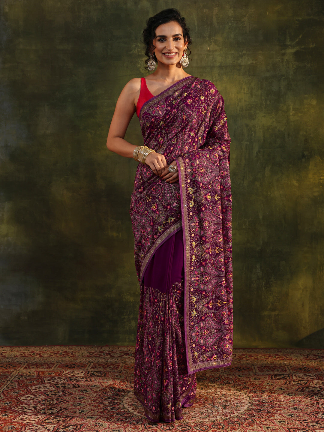 Libas Art Maroon Jamawar Embroidered Georgette Saree With Unstitched Blouse Piece