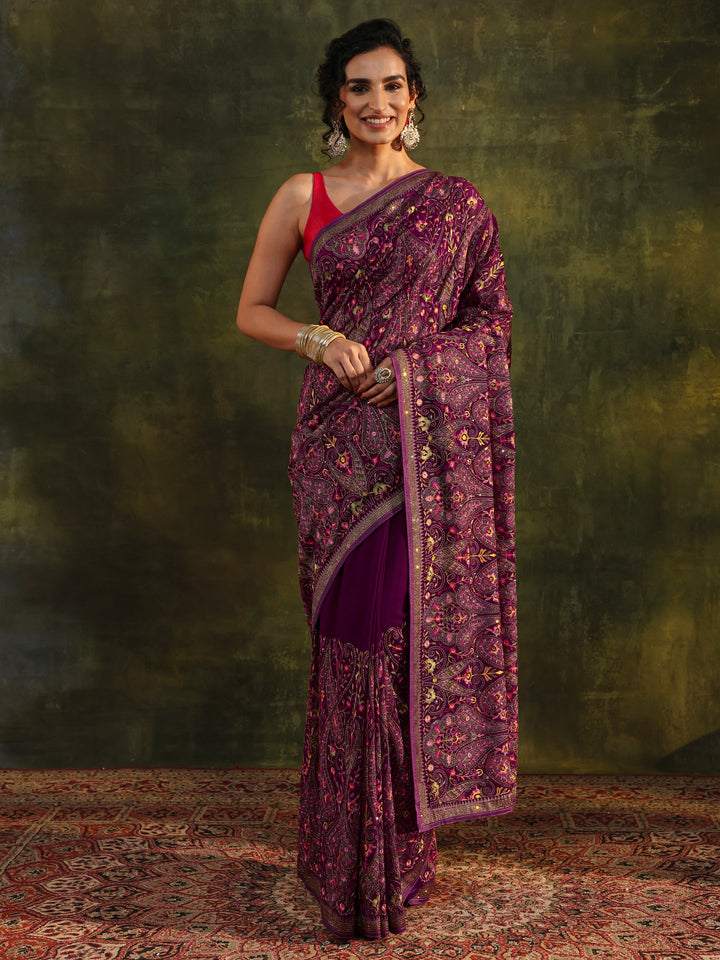 Libas Art Maroon Jamawar Embroidered Georgette Saree With Unstitched Blouse Piece