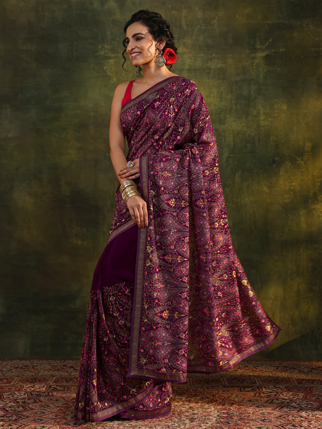 Libas Art Maroon Jamawar Embroidered Georgette Saree With Unstitched Blouse Piece