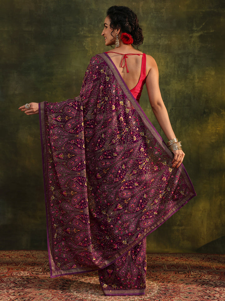 Libas Art Maroon Jamawar Embroidered Georgette Saree With Unstitched Blouse Piece