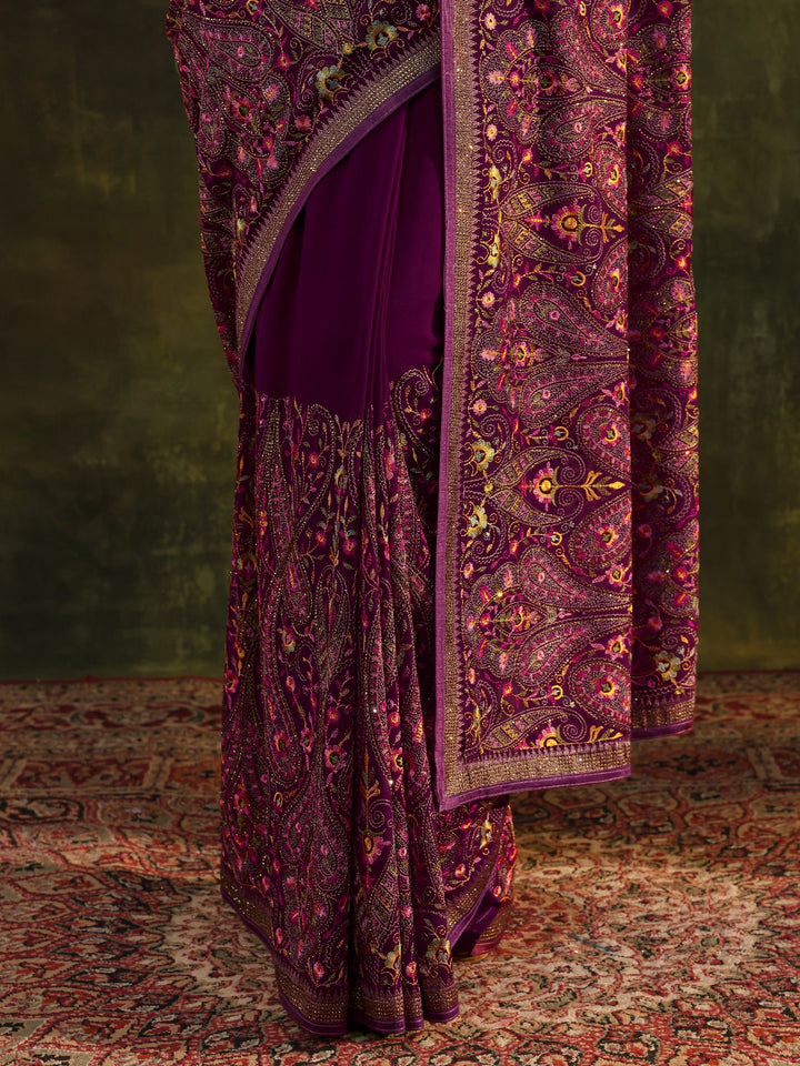 Libas Art Maroon Jamawar Embroidered Georgette Saree With Unstitched Blouse Piece