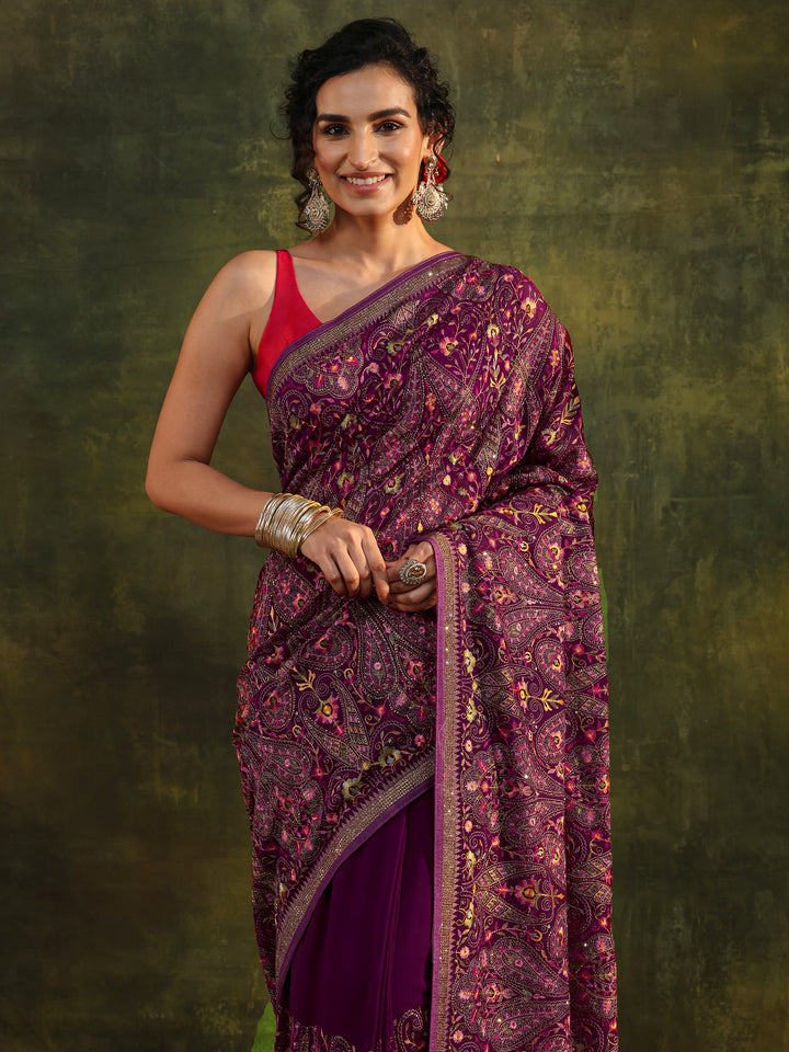 Libas Art Maroon Jamawar Embroidered Georgette Saree With Unstitched Blouse Piece