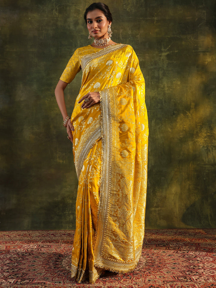 Libas Art Mustard Embellished Woven Design Silk Saree With Unstitched Blouse Piece