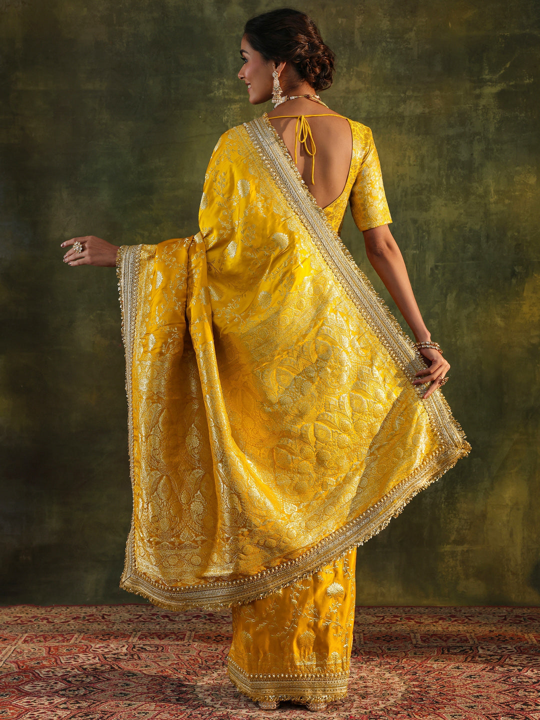 Libas Art Mustard Embellished Woven Design Silk Saree With Unstitched Blouse Piece