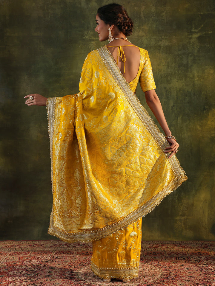 Libas Art Mustard Embellished Woven Design Silk Saree With Unstitched Blouse Piece