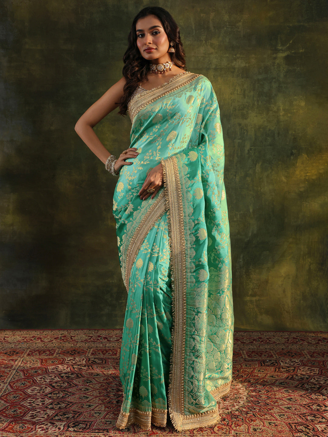 Libas Art Green Embellished Woven Design  Silk Saree With Unstitched Blouse Piece