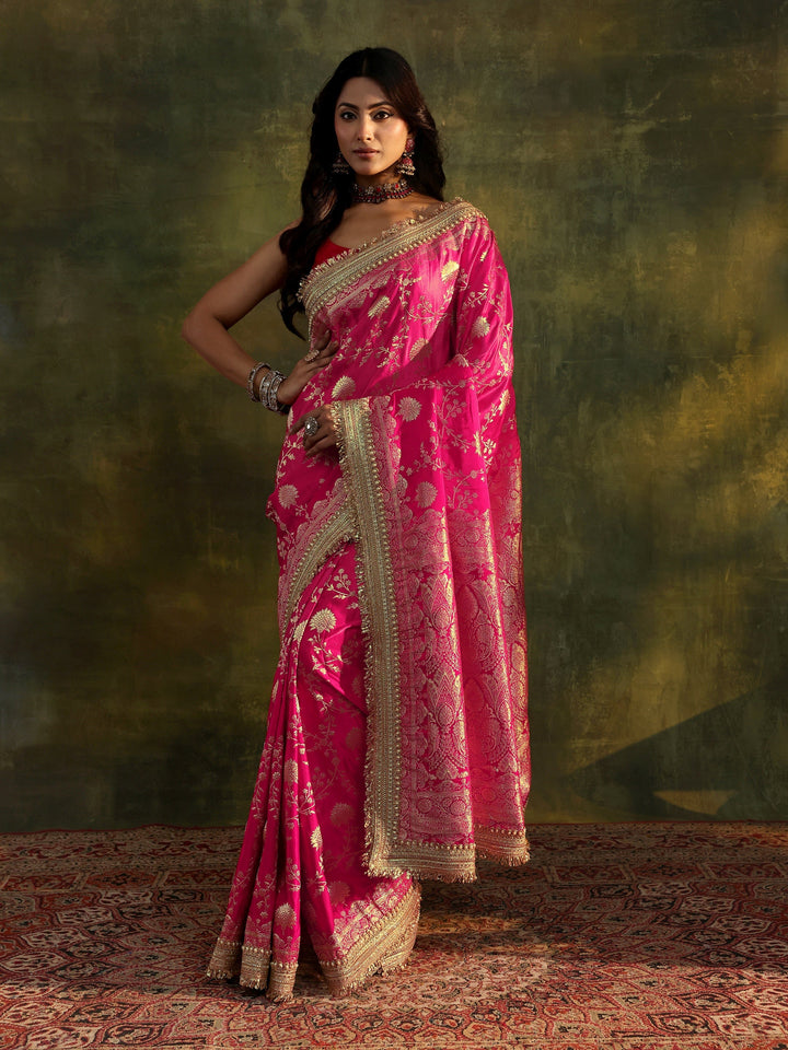 Libas Art Pink Banarasi Silk Saree With Unstitched Blouse Piece