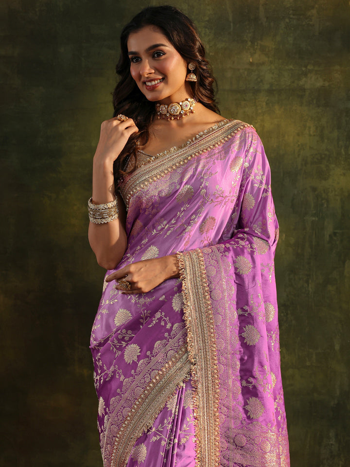 Libas Art Purple Embellished Woven Design  Silk Saree With Unstitched Blouse Piece