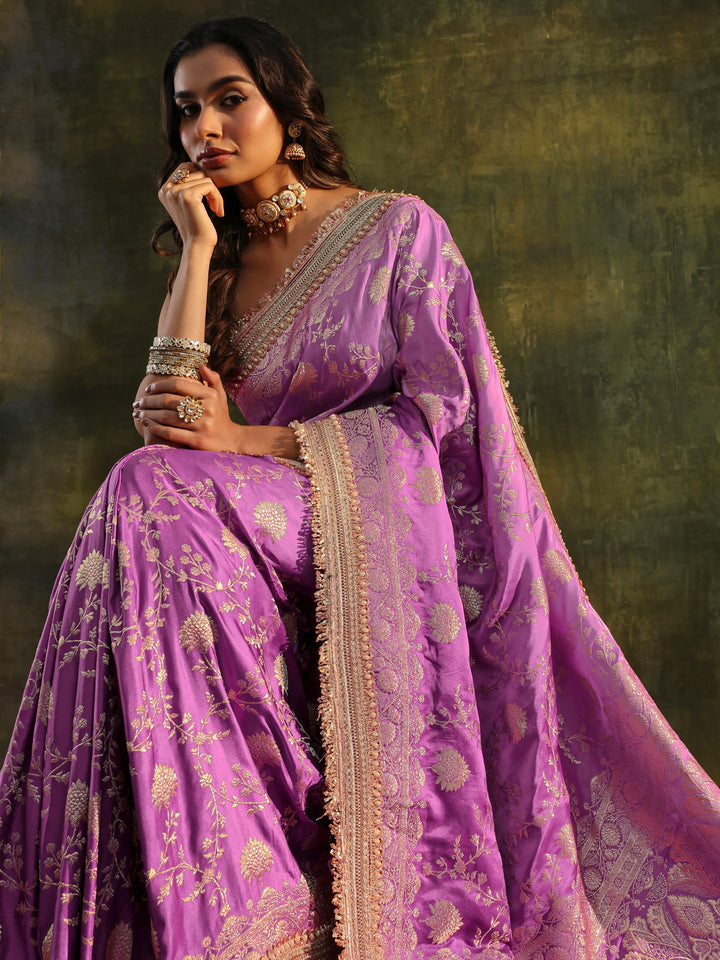 Libas Art Purple Embellished Woven Design  Silk Saree With Unstitched Blouse Piece