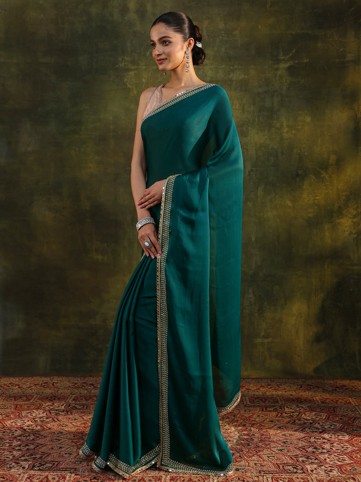 Green Embellished Silk Blend Saree With Unstitched Blouse Piece