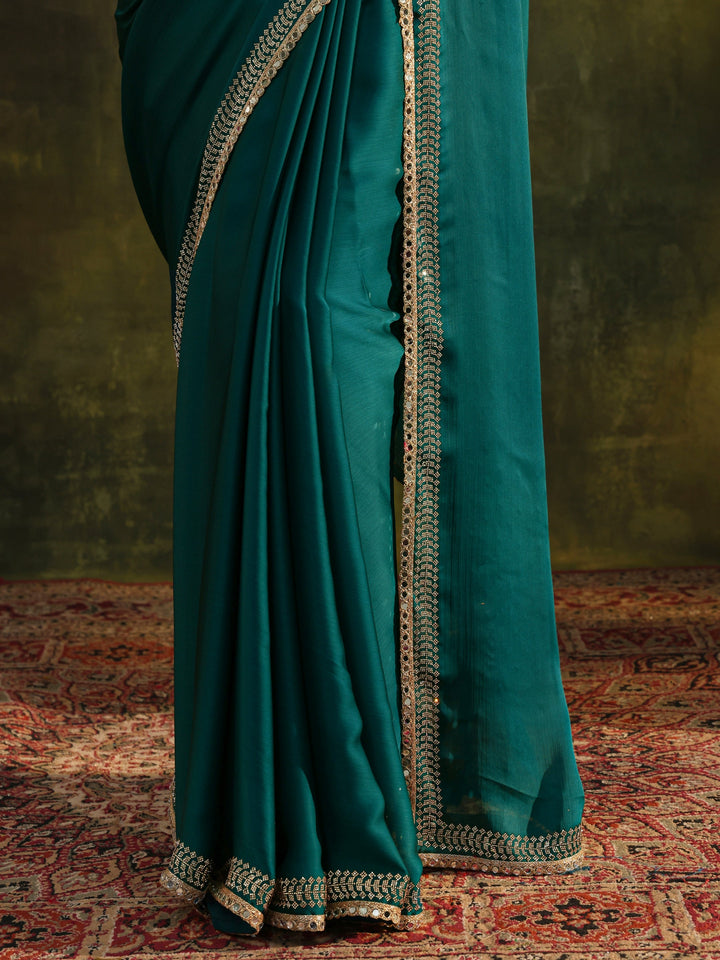 Green Embellished Silk Blend Saree With Unstitched Blouse Piece