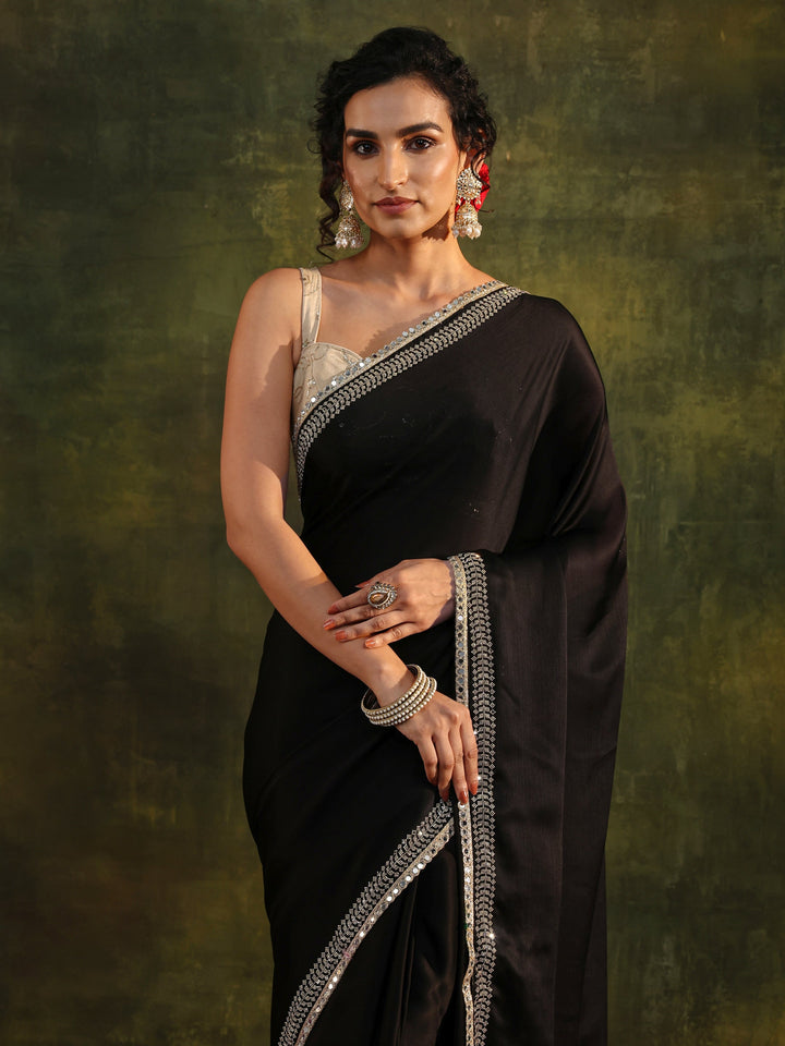 Black Embellished Silk Blend Saree With Unstitched Blouse Piece
