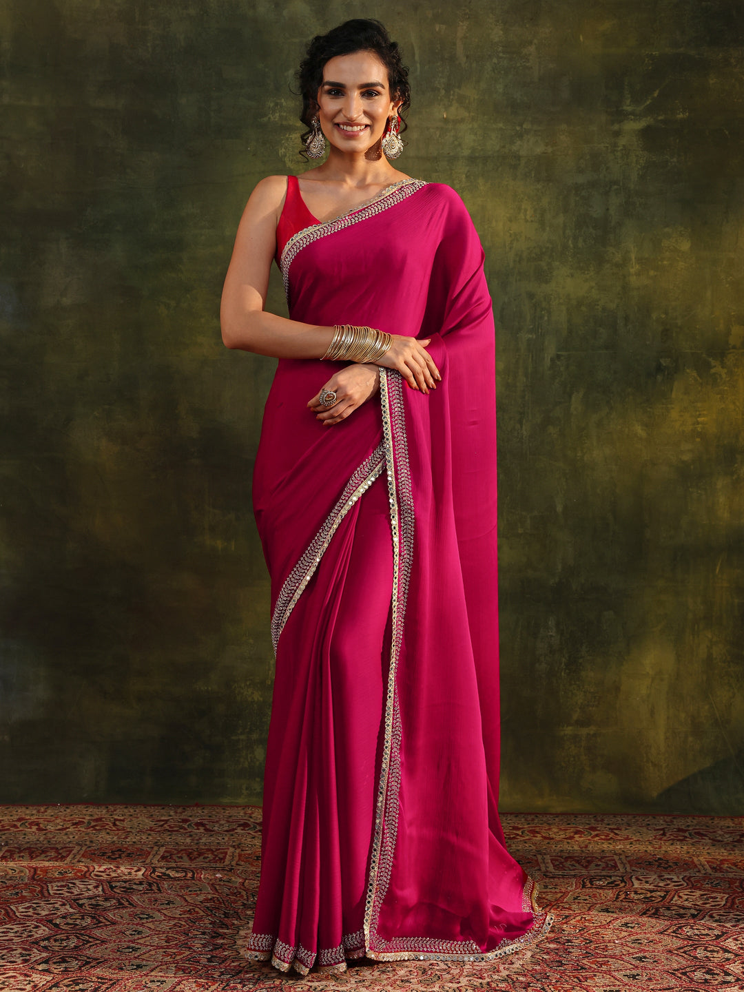 Pink Embellished Silk Blend Saree With Unstitched Blouse Piece