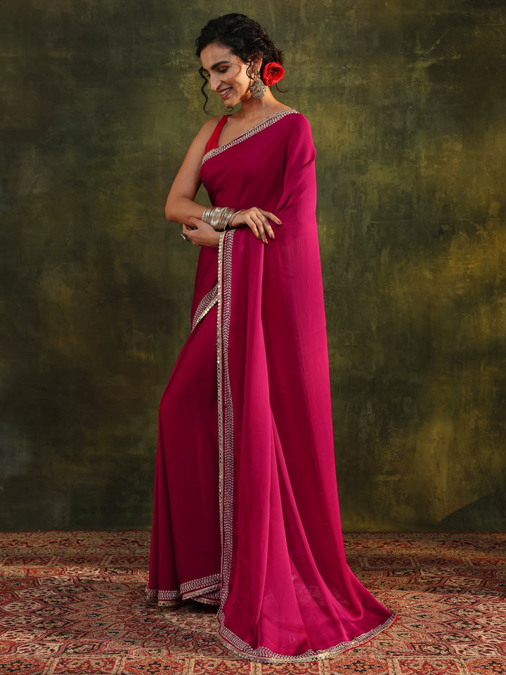 Pink Embellished Silk Blend Saree With Unstitched Blouse Piece