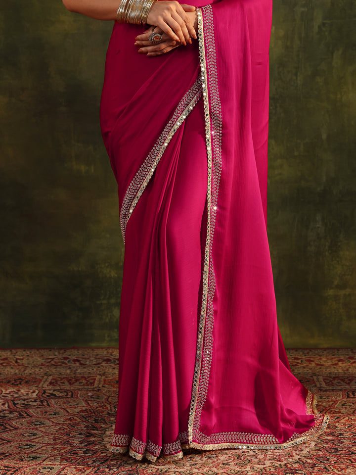 Pink Embellished Silk Blend Saree With Unstitched Blouse Piece