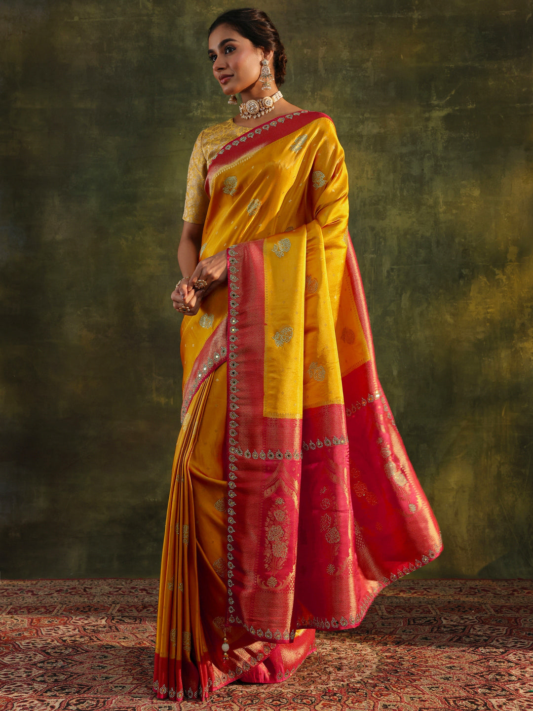 Libas Art Mustard Embellished  Silk Blend Saree With Unstitched Blouse Piece