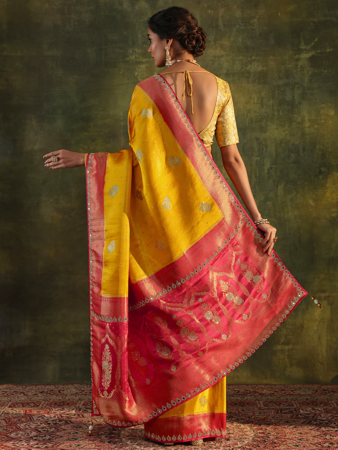 Libas Art Mustard Embellished  Silk Blend Saree With Unstitched Blouse Piece