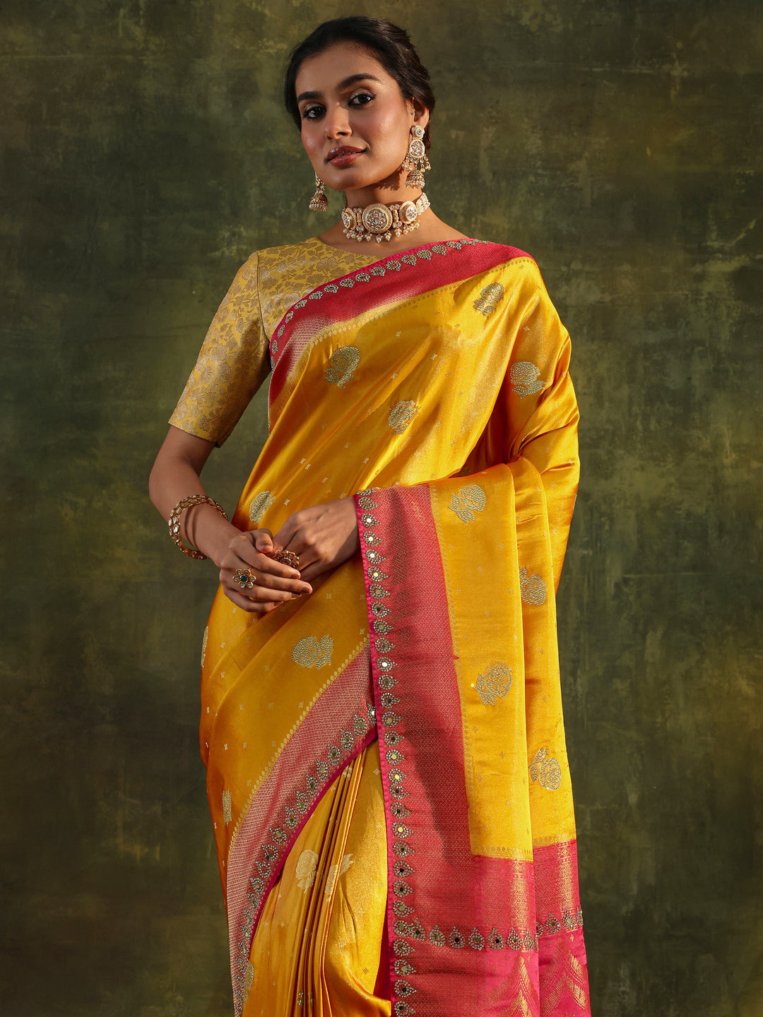 Libas Art Mustard Embellished  Silk Blend Saree With Unstitched Blouse Piece
