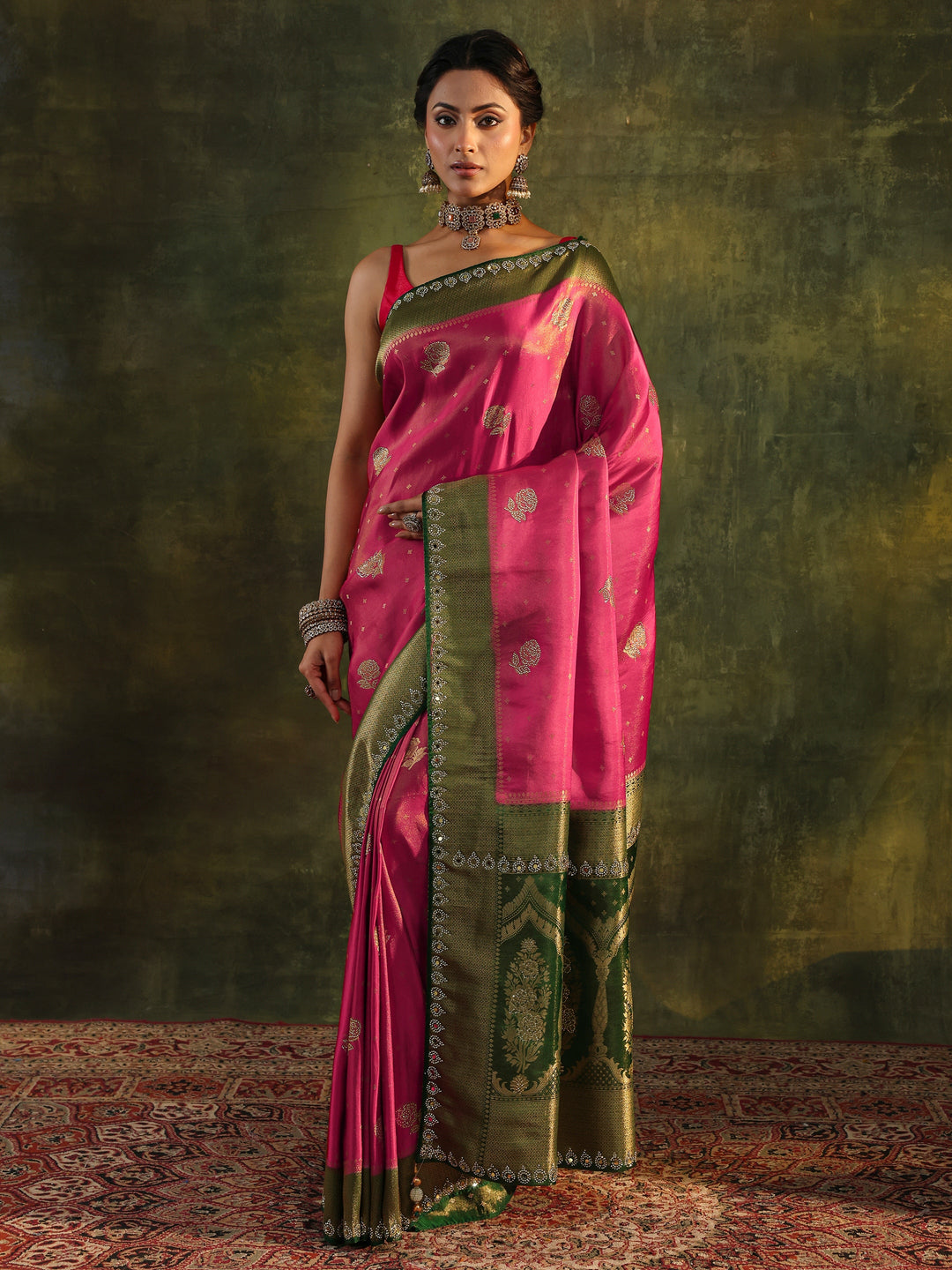 Libas Art Pink Embellished Silk Blend With Unstitched Blouse Piece