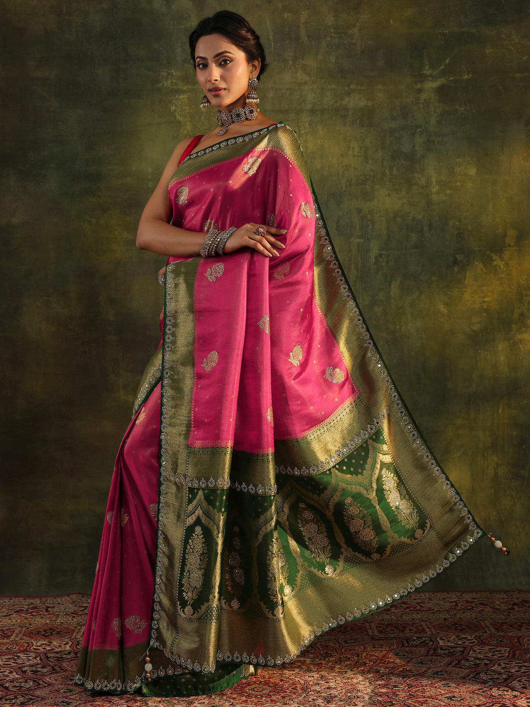 Libas Art Pink Embellished Silk Blend With Unstitched Blouse Piece