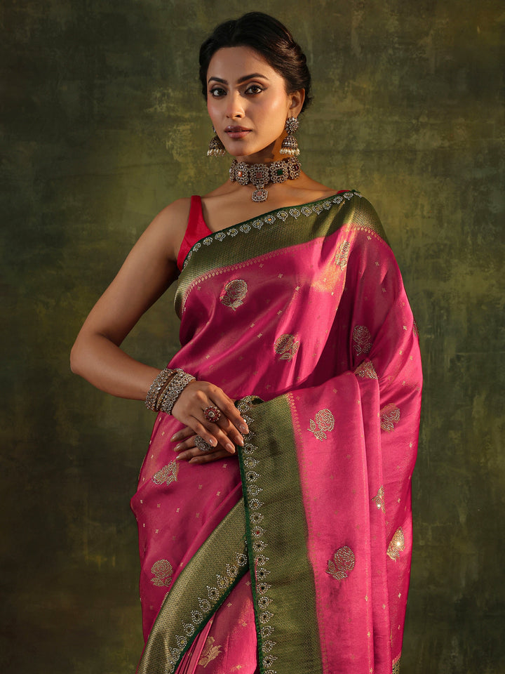 Libas Art Pink Embellished Silk Blend With Unstitched Blouse Piece