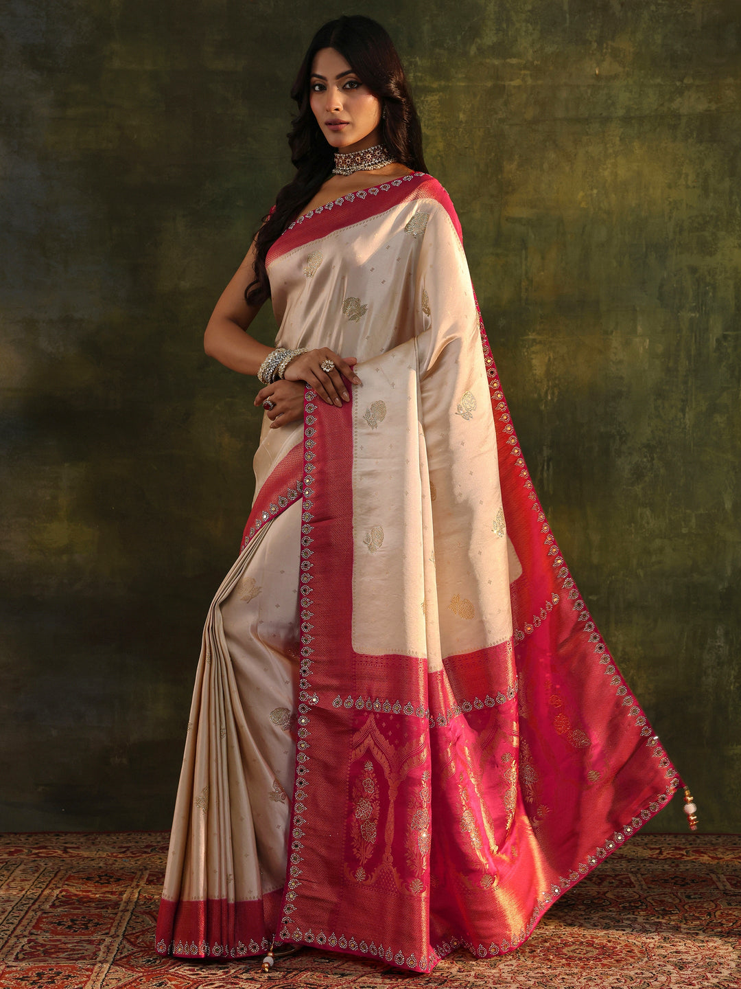 Libas Art Ivory Embellished  Silk Blend Saree With Unstitched Blouse Piece